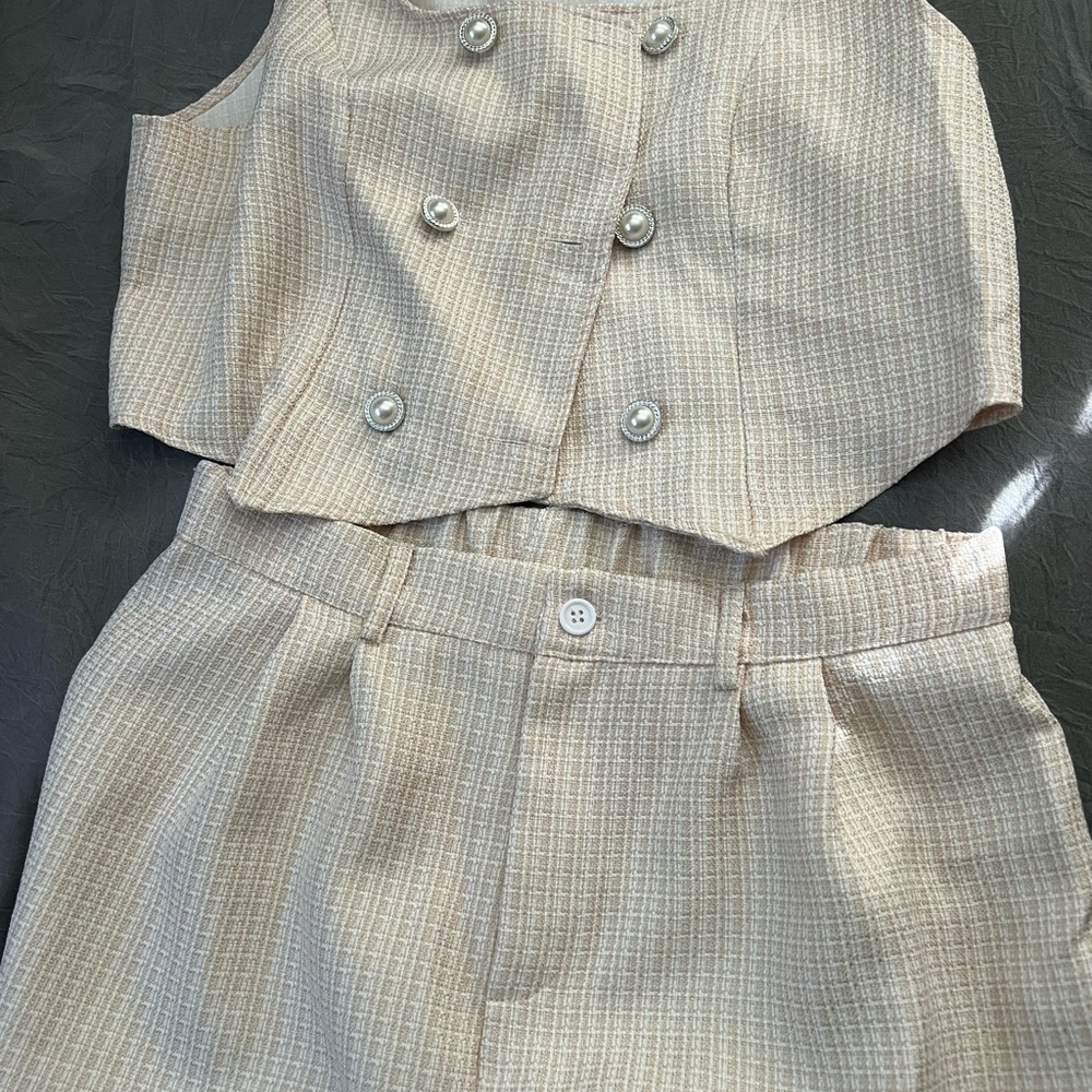 SHEIN Beige Plaid Two-Piece Set